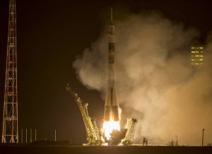 The Soyuz TMA-16M spacecraft is seen as it launches to the International Space Station with Expedition 43's NASA Astronaut Scott Kelly and Russian cosmonauts Mikhail Kornienko and Gennady Padalka of the Russian Federal Space Agency (Roscosmos) onboard Friday, March 27 (Saturday, March 28 Kazakh time) from the Baikonur Cosmodrome in Kazakhstan.