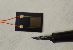 The prototype listeria biosensor chip. (Texas A&M AgriLife Communications photo by Robert Burns)