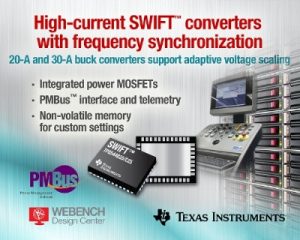 20-A TPS544B25 and 30-A TPS544C25 synchronous DC/DC buck converters from Texas Instruments include frequency synchronization for low-noise and reduced EMI/EMC and a PMBus interface for adaptive voltage scaling (AVS). The SWIFT™ converters integrate MOSFETs and feature small PowerStack™ QFN packages to drive ASICs in space-constrained and power-dense applications in various markets, including wired and wireless communications, enterprise and cloud computing, and data storage systems.