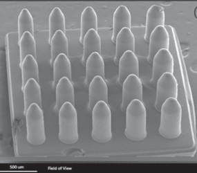 Scanning Electron Miscroscop image of microneedle arrays. (Image via IOP Publishing)