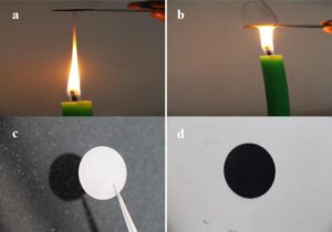 Collecting candle soot from the (a) tip of the flame and (b) middle of the flame. SS current collector (c) before and (d) after deposition of carbon soot. (Image via IIT Hyderabad)