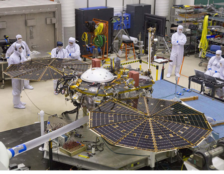 The lander underwent a final solar array deployment test in a clean room at Lockheed Martin. (Image Credit: Lockheed Martin)