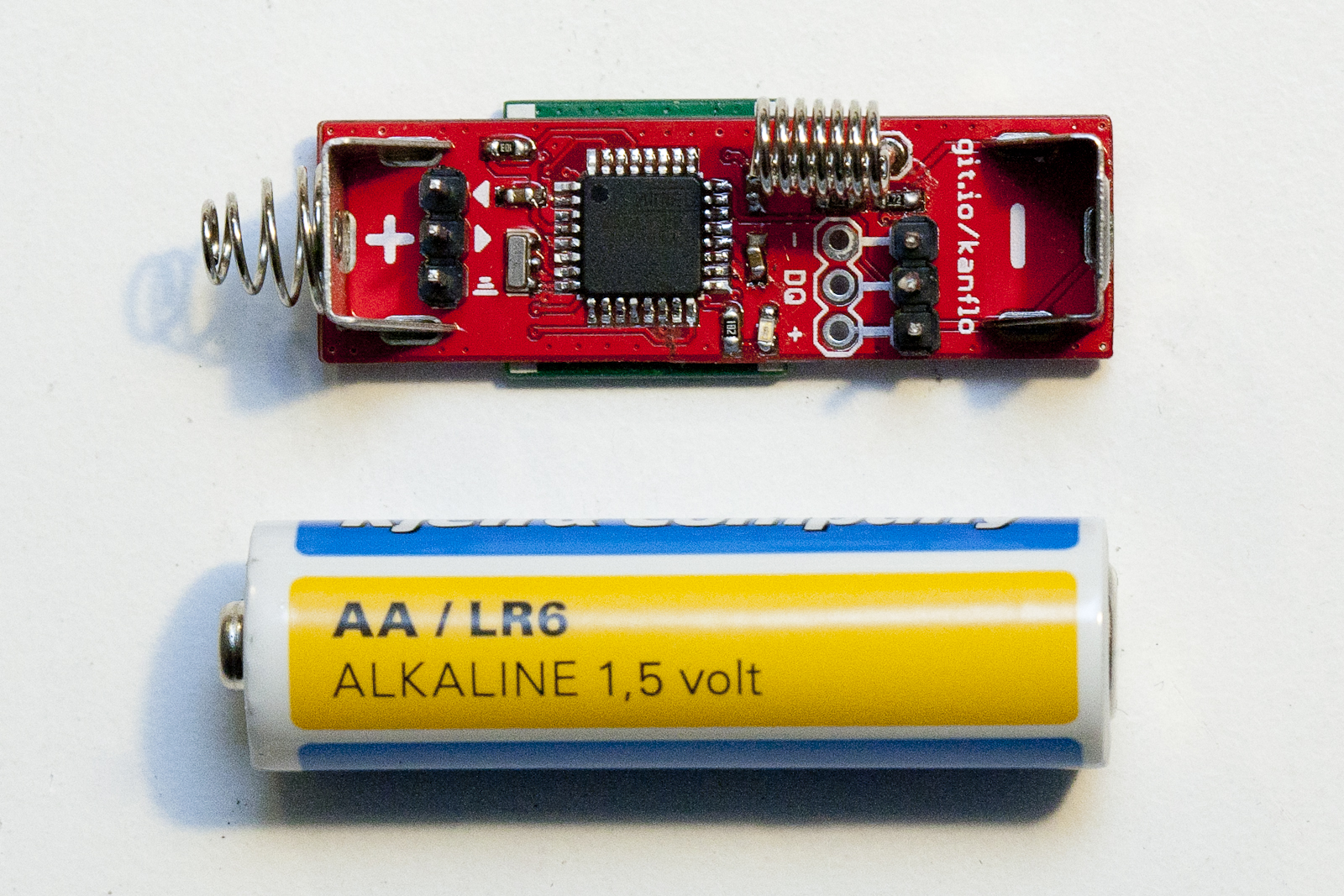 The AAduino is the size of a AA battery. (Image Credit: Johan Kanflo)