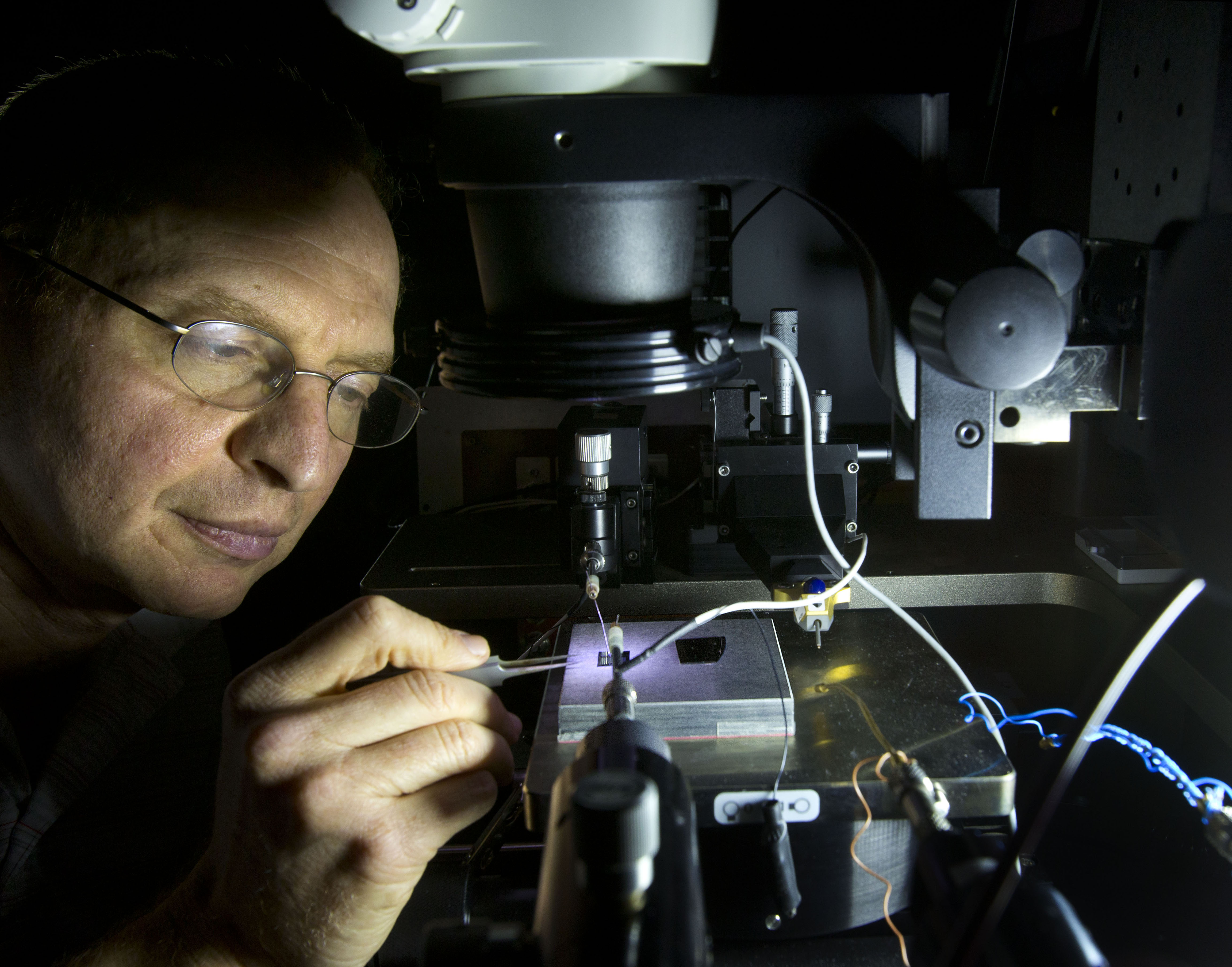 Alec Talin inspects a plasmonic array sample using a probe station microscope. (Image Credit: Dino Vournas)