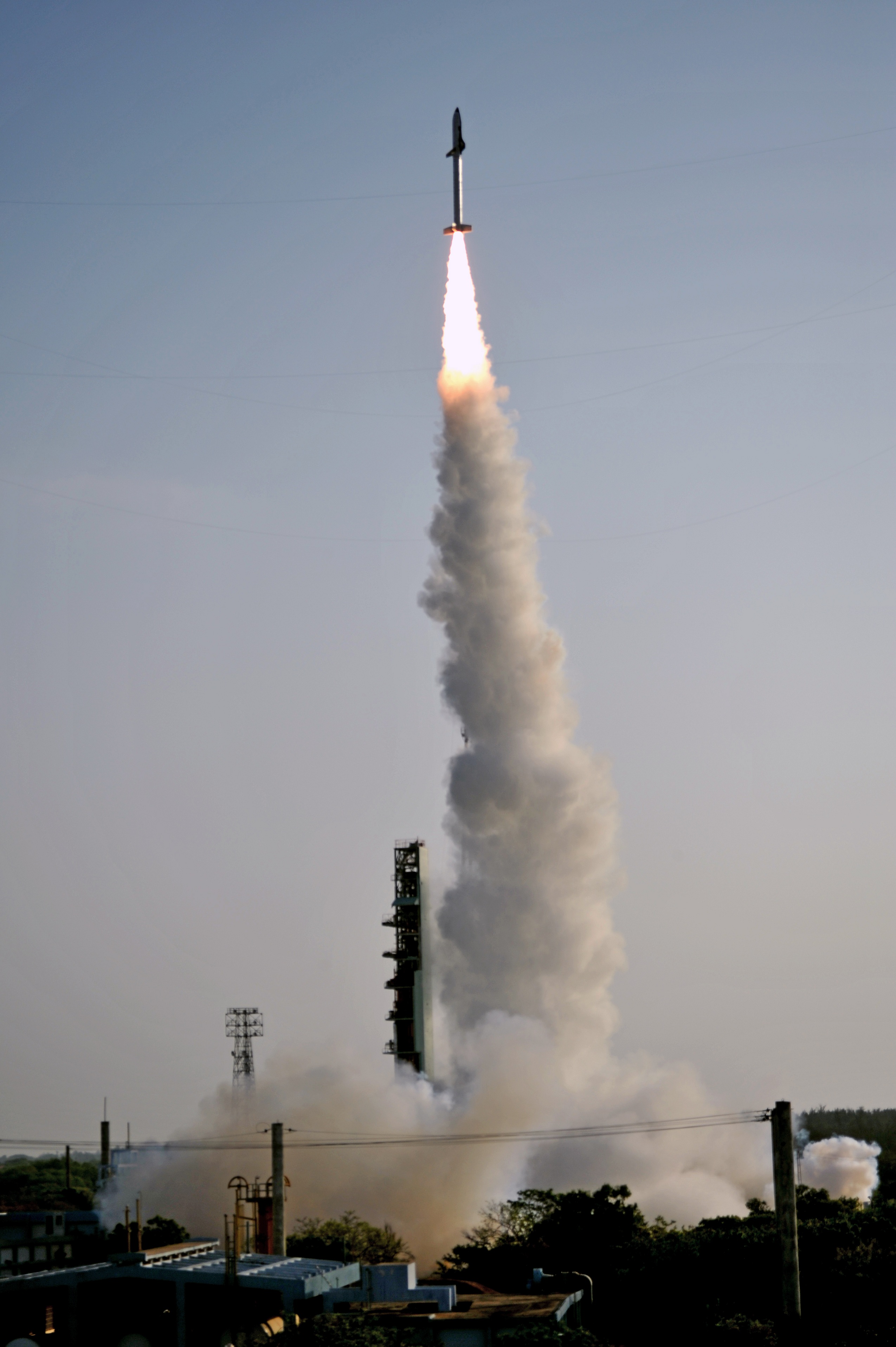 The HS9 solid rocket booster carrying RLV-TD lifted off from the First Launch Pad at Satish Dhawan Space Centre. (Image via ISRO)