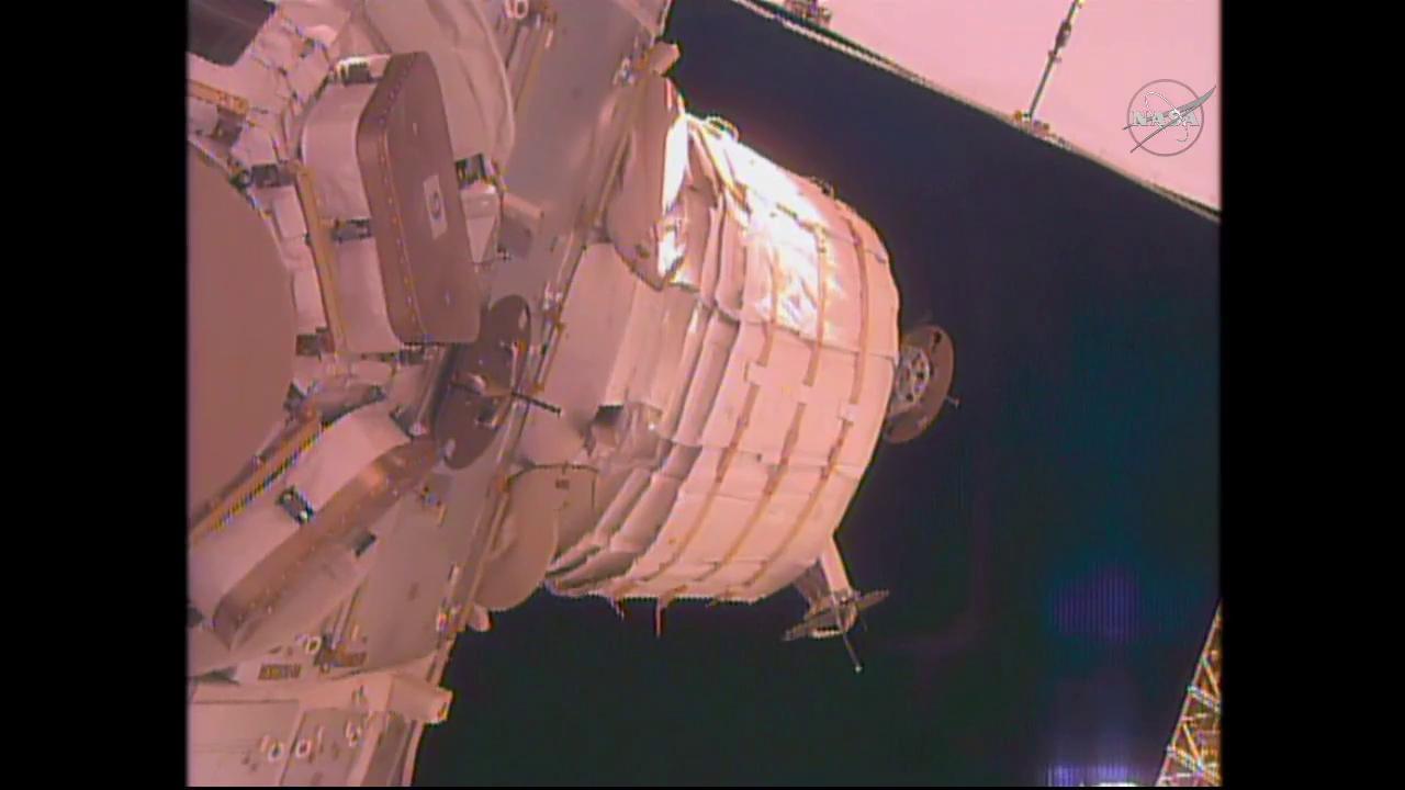 The BEAM is seen here not expanded. (Image Credit: NASA TV)