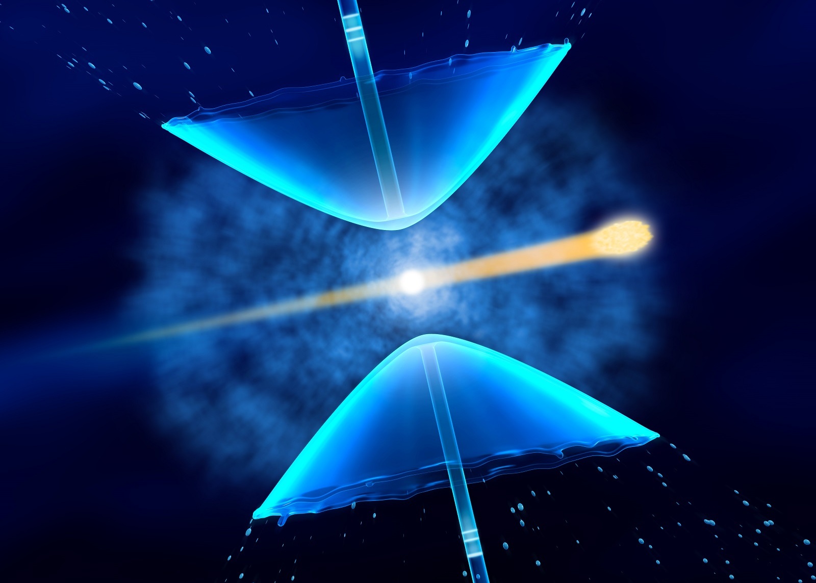 An ultrabright X-ray laser pulse (orange beam) vaporizes part of a liquid jet (blue), creating umbrella-shaped films of liquid and sending shock waves through the jet (bright stripes at top and bottom). (SLAC National Accelerator Laboratory)