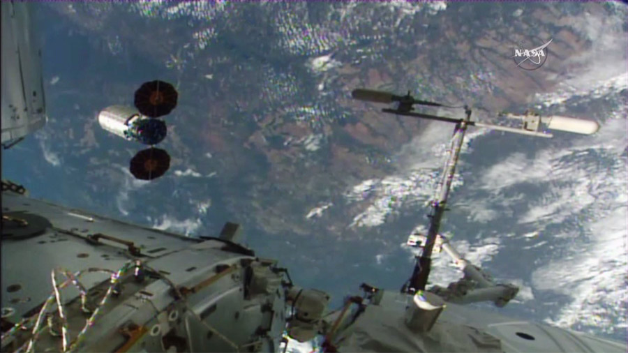 The Orbital ATK Cygnus spacecraft departs the International Space Station after its release from the Canadarm2. (Image Credit: NASA TV)