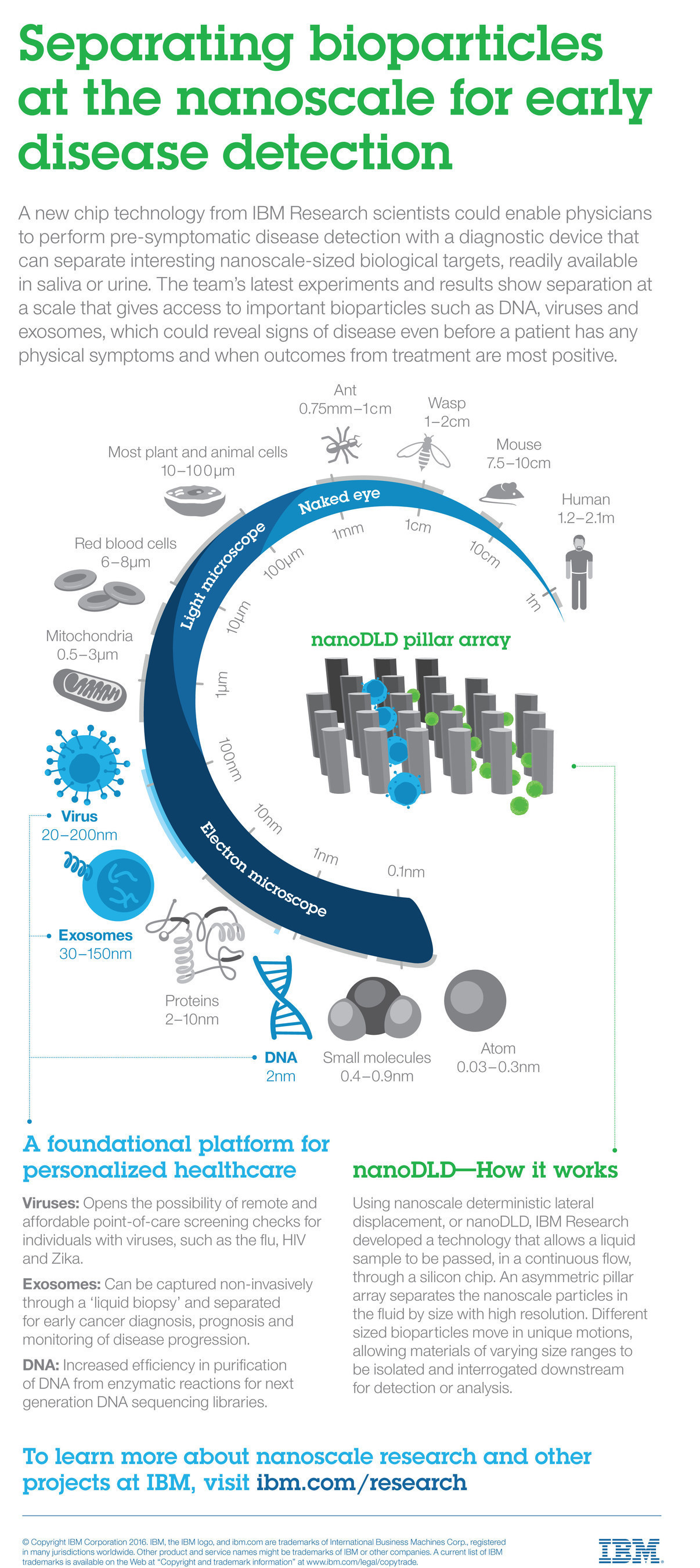 IBM scientists have developed a new lab-on-a-chip technology that can, for the first time, separate biological particles at the nanoscale and could enable physicians to detect diseases such as cancer before symptoms appear. The IBM team's results show size-based separation of bioparticles down to 20 nanometers (nm) in diameter, a scale that gives access to important particles such as DNA, viruses and exosomes. (PRNewsFoto/IBM)
