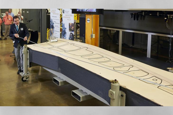 Official measurement of the 3D printed trim tool co-developed by Oak Ridge National Laboratory and The Boeing Company exceeded the required minimum size to achieve the Guinness World Records title of largest solid 3D printed item. (Image via ORNL)