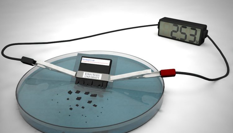 Scientists have developed a working battery that dissolves and disperses in water. Larger image. (Illustration Credit: Ashley Christopherson via Iowa State University)