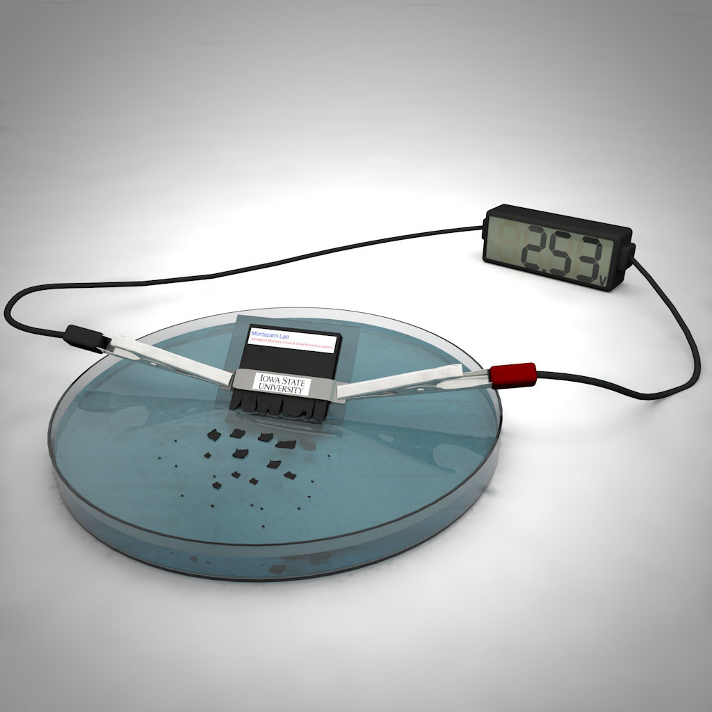 Scientists have developed a working battery that dissolves and disperses in water. Larger image. (Illustration Credit: Ashley Christopherson via Iowa State University)