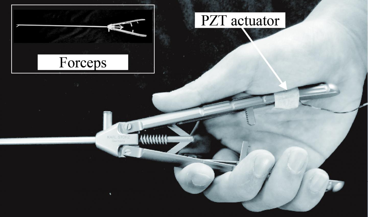 The vibration device created by Hiroshima University researchers can be slipped onto any surgical tool and vibrate against the surgeon's palm, improving the ability to sense the details of a patient's internal tissues and organs. The PZT Actuator may improve patient outcomes by allowing surgeons to better understand their patients' bodies during minimally invasive surgeries. (Image Credit: Yuichi Kurita, Hiroshima University)