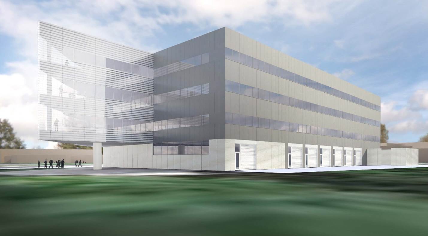 An architectural rendering of the southeast elevation of the planned Robotics Laboratory, which will be built northeast of the Space Research Building on U-M's North Campus. (Image Credit: U-M)