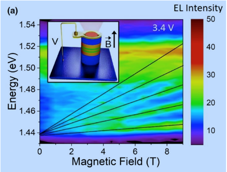 Electroluminescence as a function of magnetic field at a fixed voltage of 3.4 volts. Credit Edson Rafael Cardozo de Oliveira