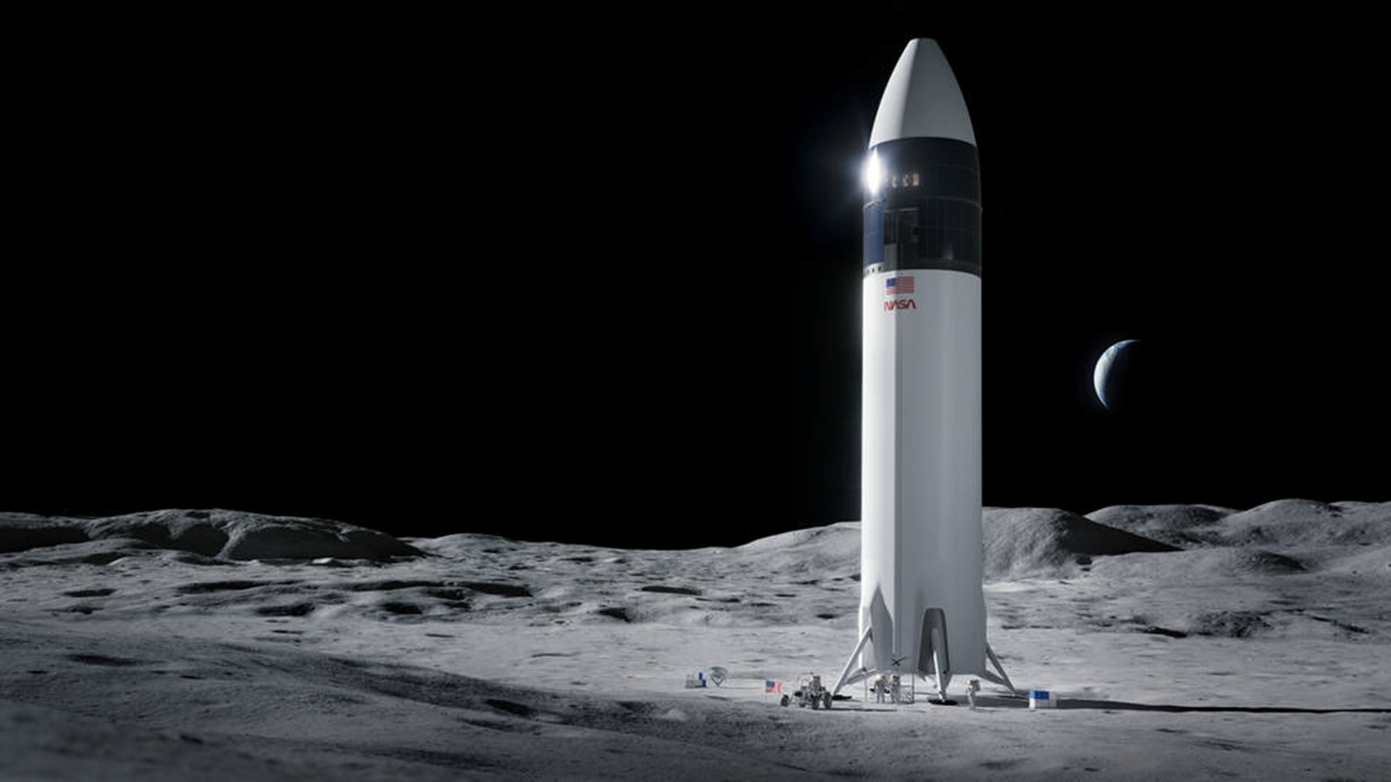 Illustration of SpaceX Starship human lander design that will carry the first NASA astronauts to the surface of the Moon under the Artemis program. Credits: SpaceX