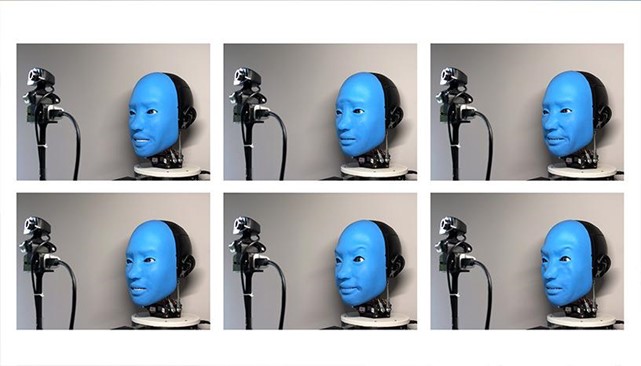 The Robot Eva mimics human facial expressions in real-time from a living stream camera.
