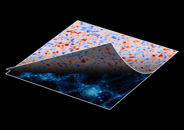 Artist's visualization of this research. Using AI driven data analysis to peel back the noise and find the actual shape of the Universe. Credit: The Institute of Statistical Mathematics