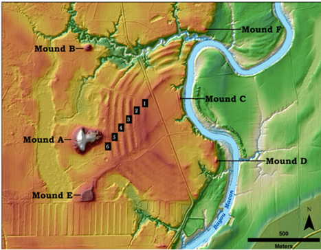 The illustration above shows the core features of the Poverty Point site in northern Louisiana. Credit: T.R. Kidder