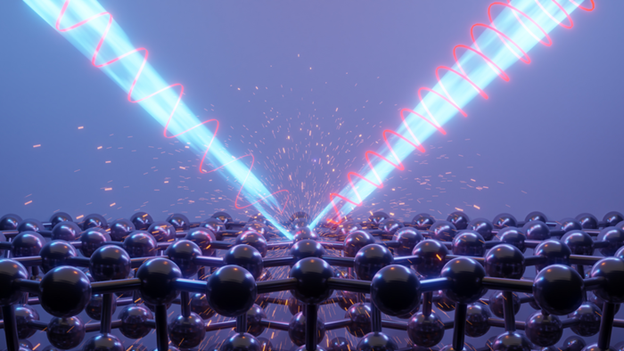 ARTIST'S RENDERING OF LIGHT BOUNCING OFF A SURFACE OF BLACK PHOSPHORUS, WHICH ALTERS ITS POLARIZATION. CREDIT: CALTECH