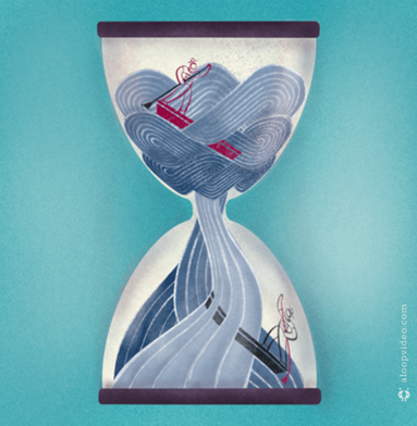 ARTISTIC ILLUSTRATION OF A GONDOLIER TRAPPED IN A QUANTUM SUPERPOSITION OF TIME FLOWS. CREDIT: © ALOOP VISUAL & SCIENCE, UNIVERSITY OF VIENNA, INSTITUTE FOR QUANTUM OPTICS AND QUANTUM INFORMATION OF THE AUSTRIAN ACADEMY OF SCIENCES
