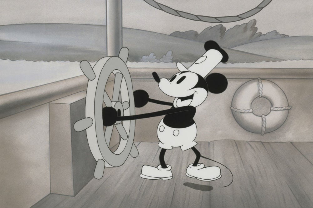 Steamboat Willie, 1928. Animation cel and background. (Image Credit: Disney Enterprises, Inc., Courtesy of Walt Disney Animation Research Library )