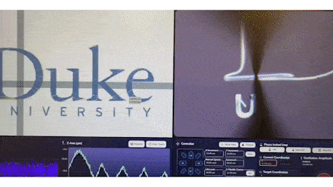 A computer screen view split between the Duke University logo and a tiny needle filling in the D during a print.