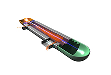 Millimeter wave vacuum tubes, including ones like the travelling wave tube (TWT) depicted here, amplify signals by exchanging kinetic energy in the electron beam (shown as a blue line) with electromagnetic energy (shown as a wave) in the signal. This figure represents a cutaway view of a TWT with all of the critical components: electron gun, magnetic circuit, electron collector, and the windows that keep the vacuum inside the tube while letting the signals flow in and out.