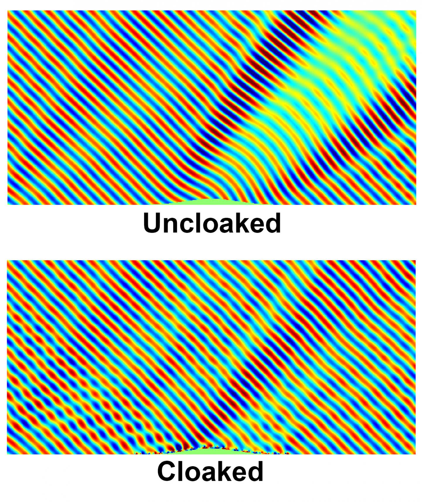 The reflection pattern from an uncloaked object on a flat surface (top) compared to the reflection pattern of the same object covered with the cloaking device (bottom), which effectively mimics the reflection from a completely flat surface. (Image Credit: Li-Yi Hsu/Jacobs School of Engineering/UC San Diego)